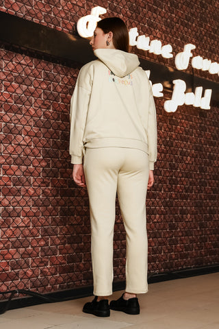 ONE SKY Women's Printed & Typographic Hooded Tracksuit | Cotton Blend Co-ord Set with Zipper Top & Drawstring Pants | 4 Pockets | Flat Front