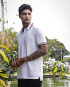 Men's White Polo T-Shirt with 'Positive Mindset Brings Peace' Print on Collar and Sleeves