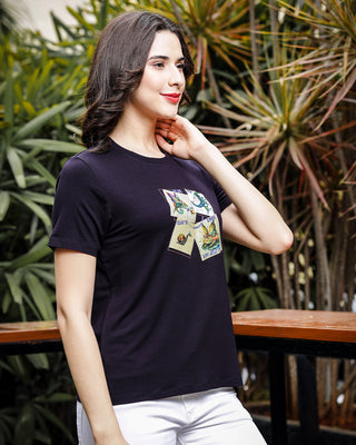 Womens Printed Round Neck Black Tshirt