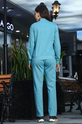 ONE SKY Women's Embroidered Front Open Tracksuit | Cotton Blend Co-ord Set with Zipper Top & Slip-On Bottom | Typography Detail & 4 Pockets