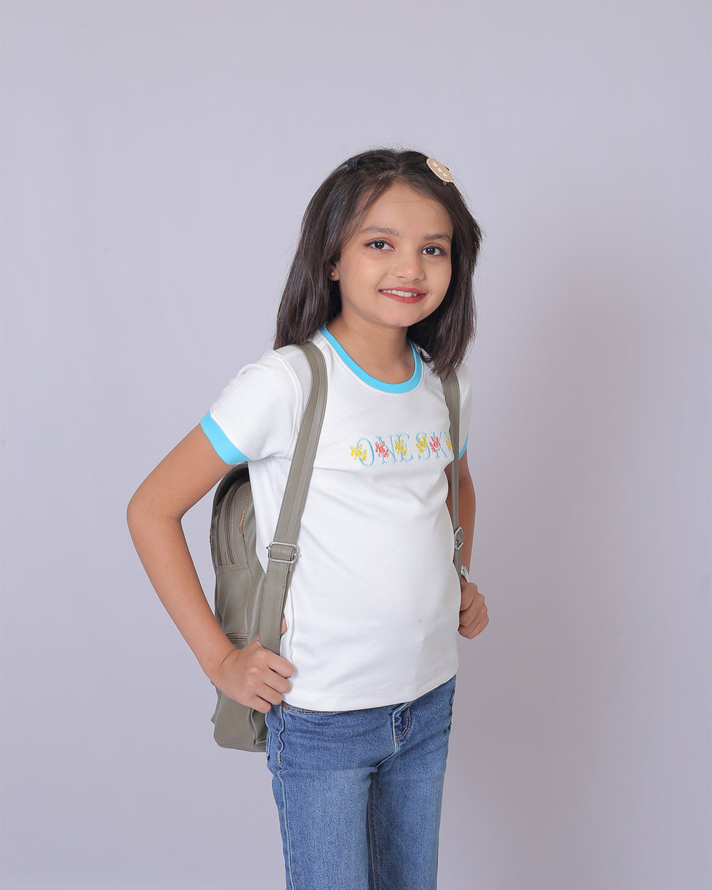 Girls White Round Neck T-Shirt