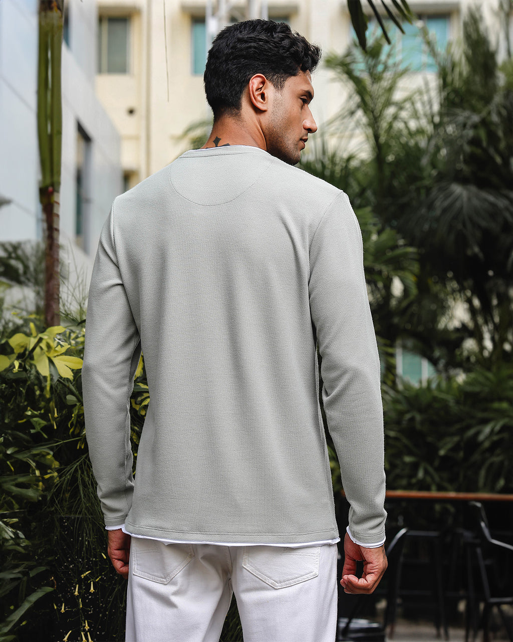 Men's Gray Self Textured Full Sleeve Crew Neck T-shirt