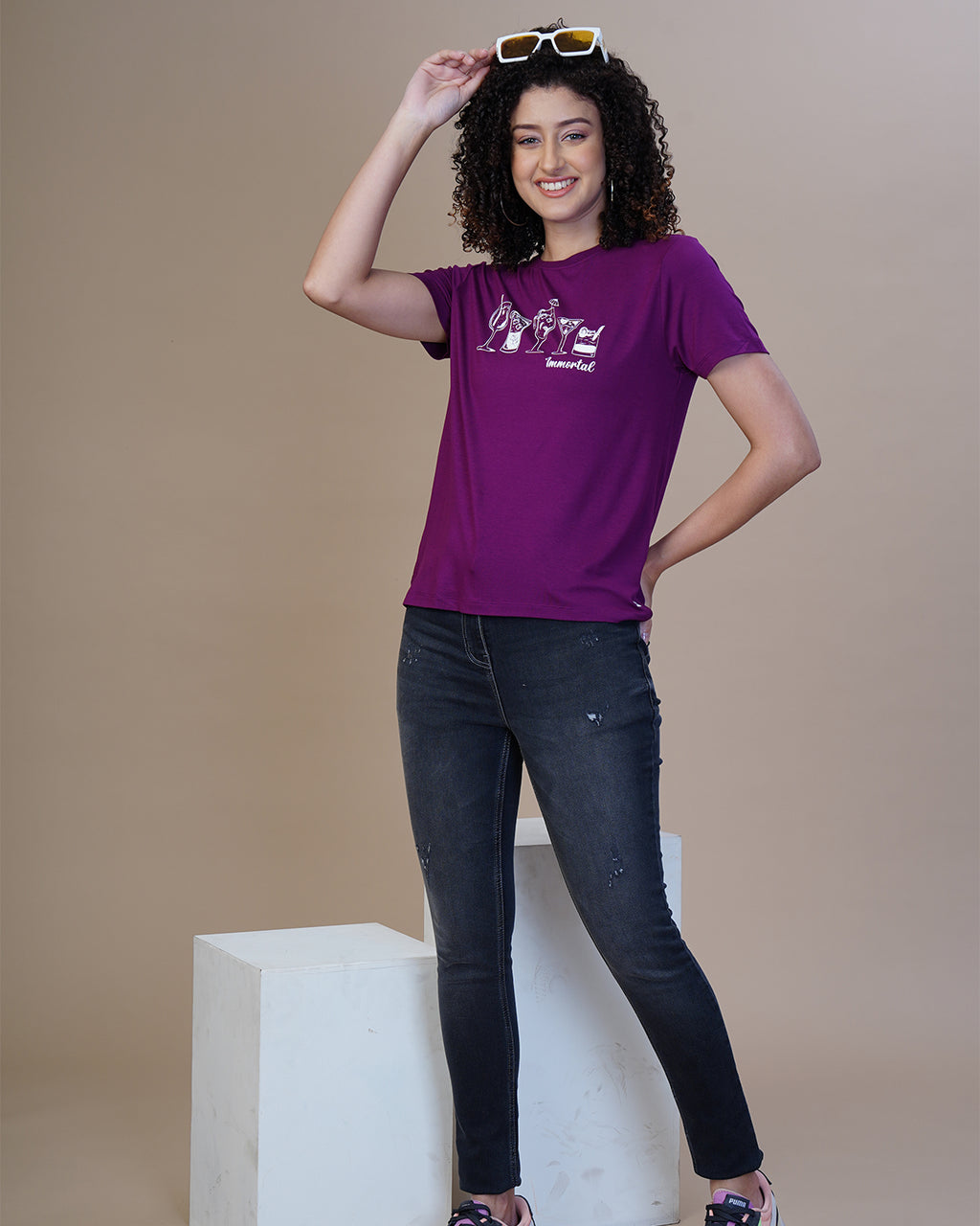 Women Purple Printed Round Neck T-Shirt