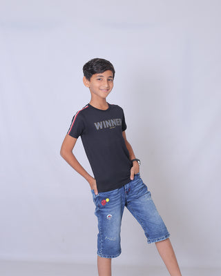 Boys Black Printed Round Neck T-Shirt