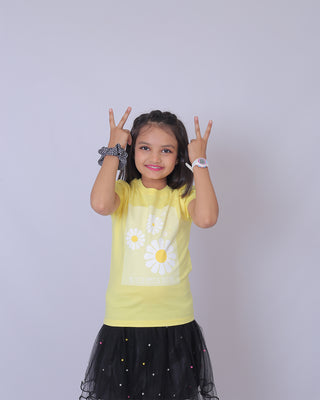 Girls Soft Yellow Floral Printed T-Shirt