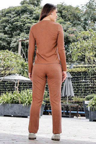 WOMEN ROUND NECK BROWN FULL SLV  CO-ORD SET