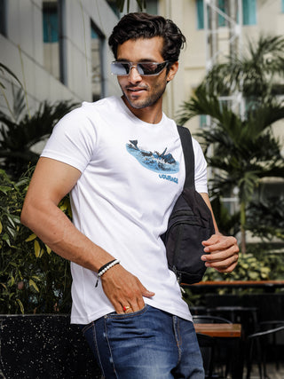 Mens Printed Round Neck White T-Shirt