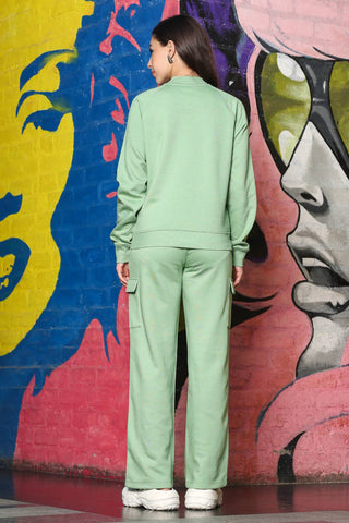 ONE SKY Women's Printed & Typographic High Neck Tracksuit | Cotton Blend Long Sleeve Top & Mid-Rise Slip-On Flat Front Pants | 6 Pockets