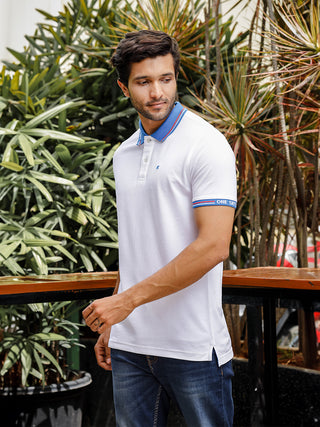 Mens Solid Polo Neck White T-Shirt