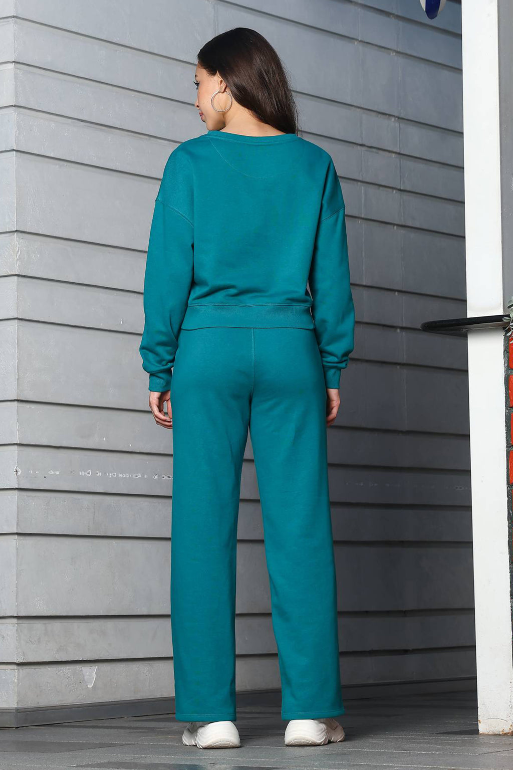 ONE SKY Women's Embroidered & Typographic Round Neck Tracksuit | Cotton Blend Long Sleeve Top & Mid-Rise Drawstring Flat Front Pants | 2 Pockets