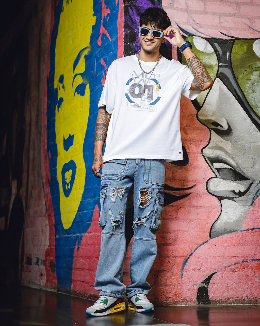 Men's Printed Round Neck Pure Cotton White Oversize T-Shirt