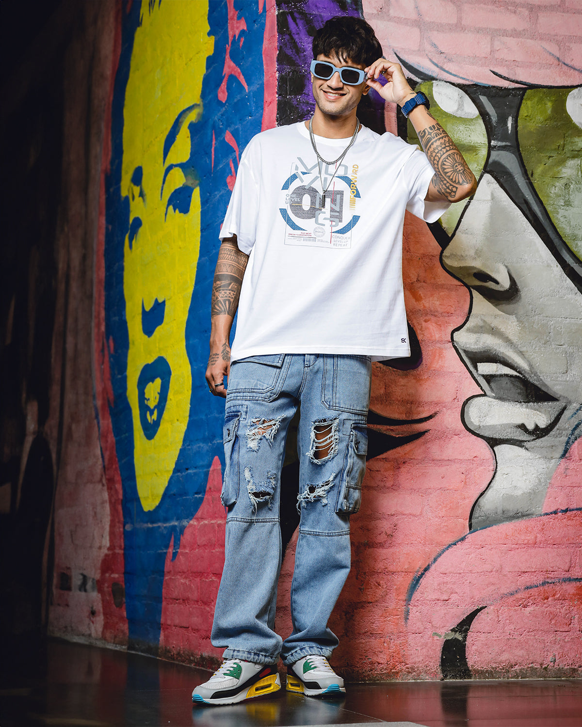Men's Printed Round Neck Pure Cotton White Oversize T-Shirt