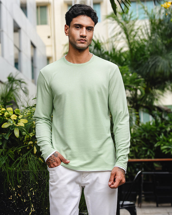 Men's Green Self Textured Full Sleeve Crew Neck T-shirt