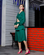 Women's Chic Balloon Sleeve Knee-Length Green Dress with Front Cut-Out and Tie