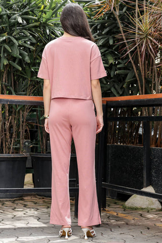 WOMEN ROUND NECK BROWN HALF SLV  CO-ORD SET