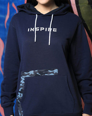 Women's Typography & Unique Printed Hoodie, Navy Blue Sweatshirt