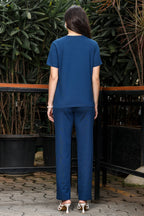 WOMEN ROUND NECK BLUE HALF SLV  CO-ORD SET
