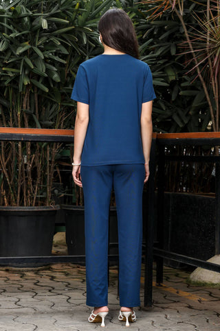 WOMEN ROUND NECK BLUE HALF SLV  CO-ORD SET