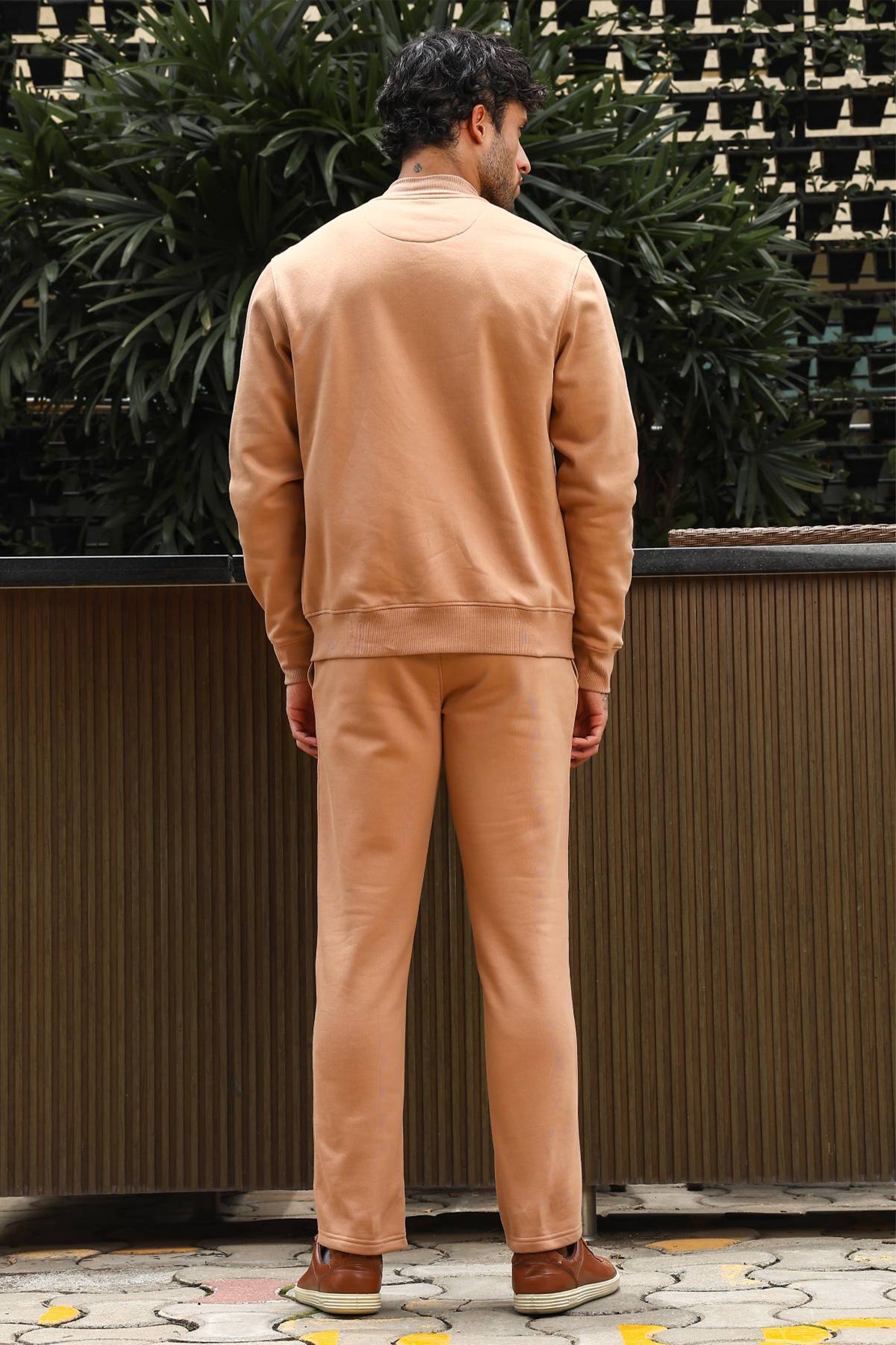 Men’s Solid Tracksuit Set | Stand Collar Zip-Up Jacket & Drawstring Joggers | Cotton Blend | Mid-Rise Flat Front | 4 Pockets | Long Sleeves | Casual Athleisure Wear