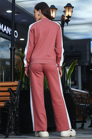 ONE SKY Women's Striped Typographic Tracksuit | Cotton Blend Zipper Jacket with Mock Collar & Drawstring Pants | 4 Pockets | Flat Front Design