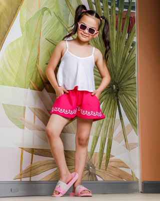 Girls Regular Fit Printed Shorts with Side Pocket - Comfortable Cotton Blend Elasticated Shorts, Pink