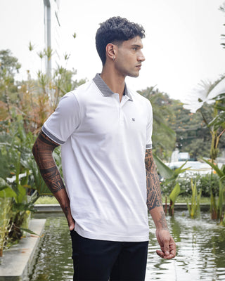 Men's White Pure Cotton Polo T-Shirt with Unique Collar and Sleeves