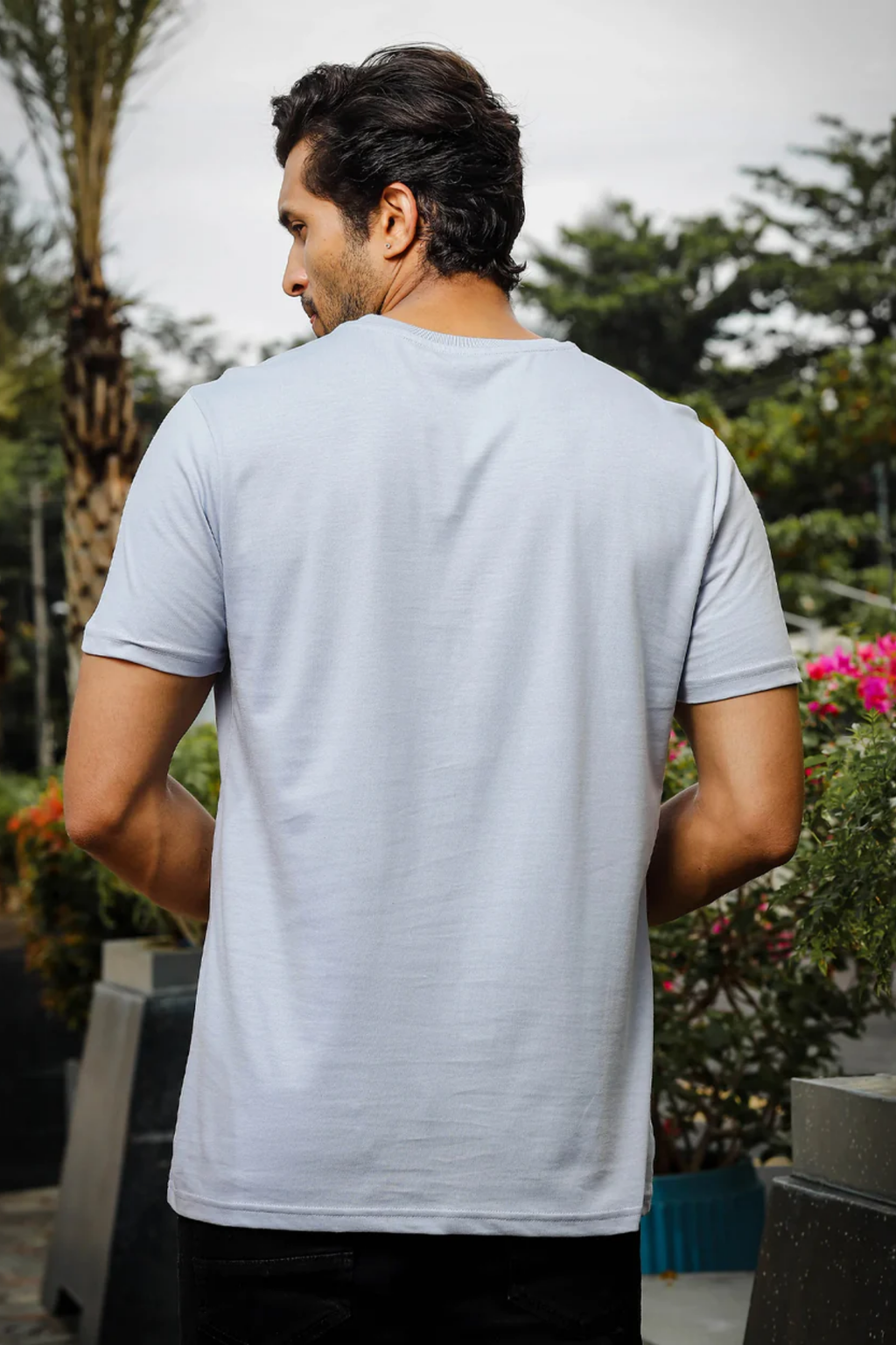 Mens Printed Round Neck Light Blue T-Shirt