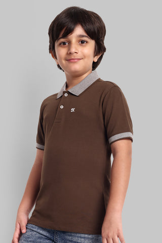 Boys Designed Collared Polo Tshirt Brown