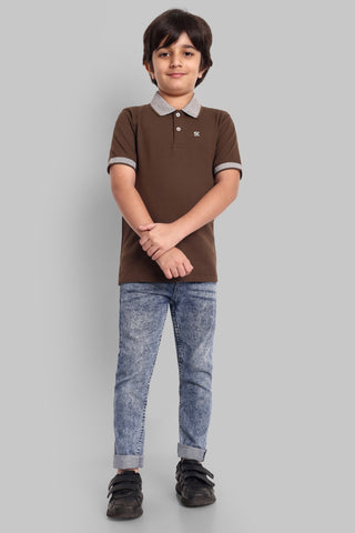 Boys Designed Collared Polo Tshirt Brown