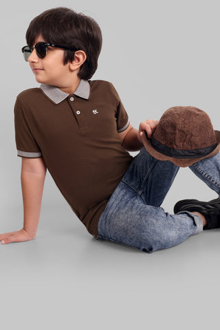 Boys Designed Collared Polo Tshirt Brown