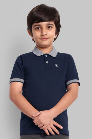 Boys Designed Collared Polo Tshirt Navy