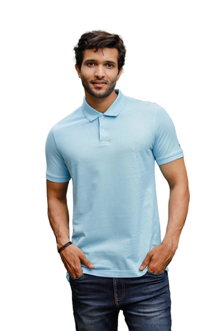 Mens Solid Polo Neck Light Blue T-Shirt