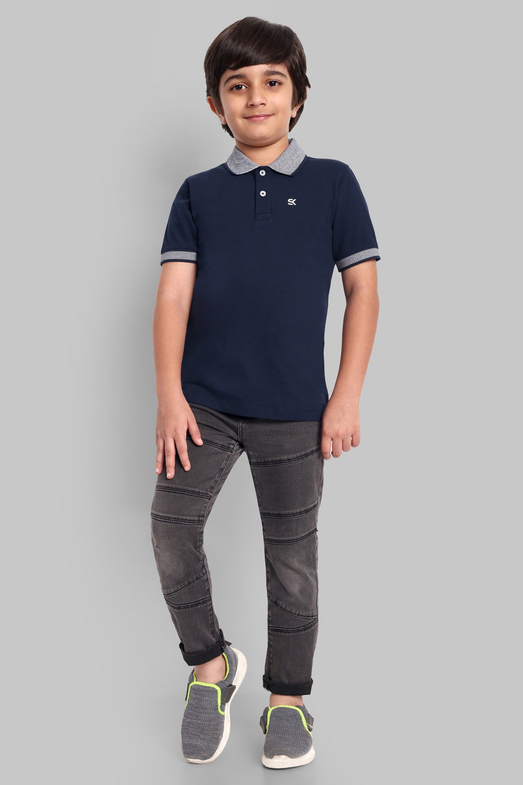 Boys Designed Collared Polo Tshirt Navy