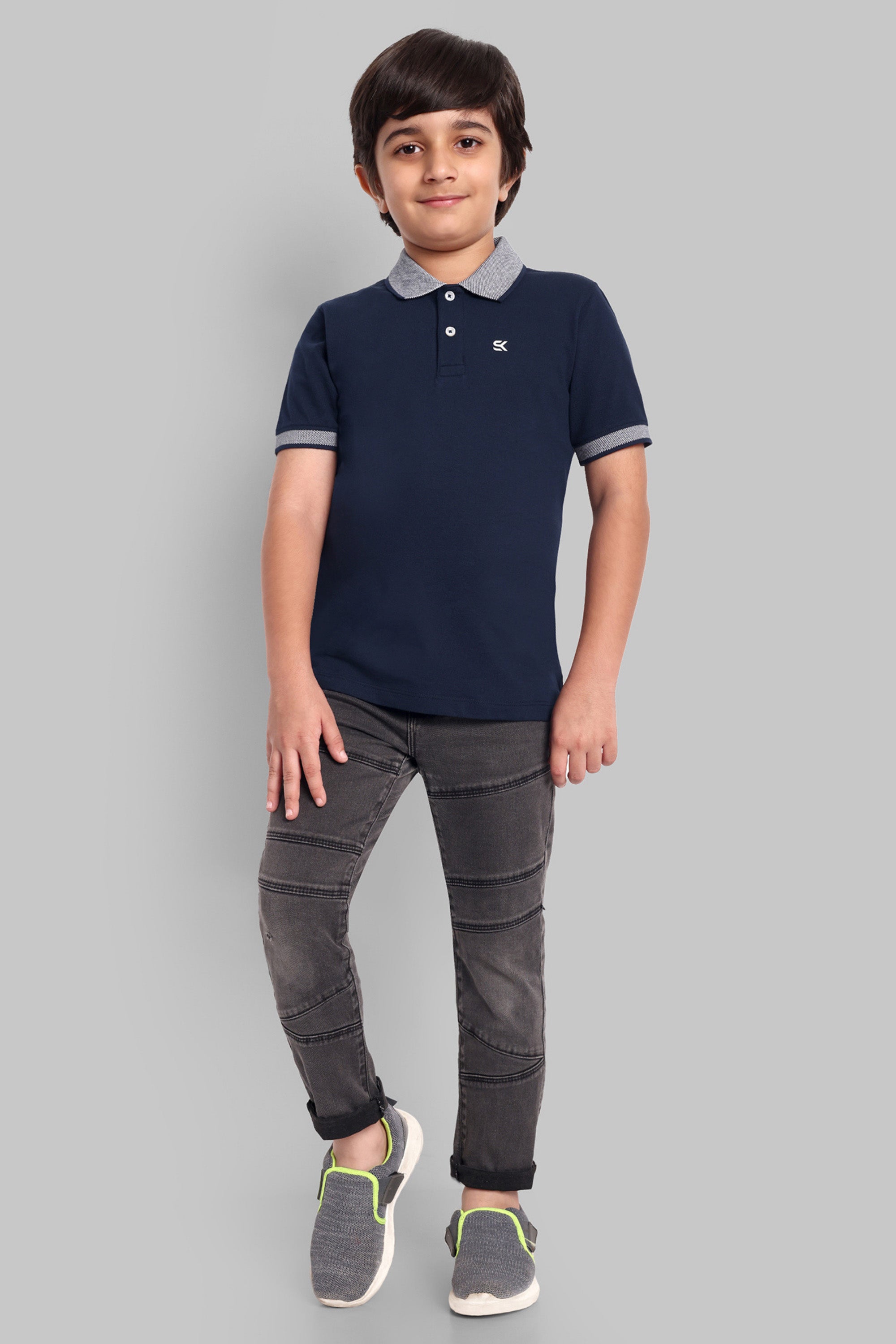 Boys Designed Collared Polo Tshirt Navy