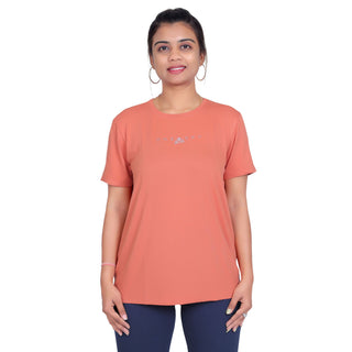 Women Typography Round Neck Cotton Blend Orange T-Shirt