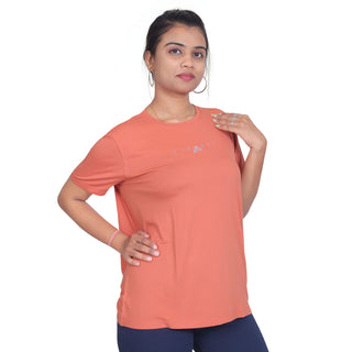 Women Typography Round Neck Cotton Blend Orange T-Shirt