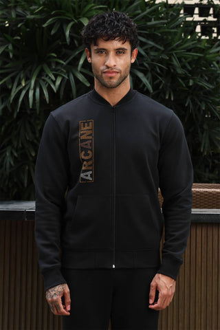 Men’s Typography Printed Tracksuit Set | Stand Collar Zip-Up Jacket & Slip-On Joggers | Cotton Blend | Mid-Rise Flat Front | 4 Pockets | Long Sleeves | Casual Athleisure