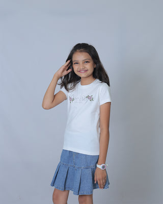 Girls White Round Neck T-Shirt