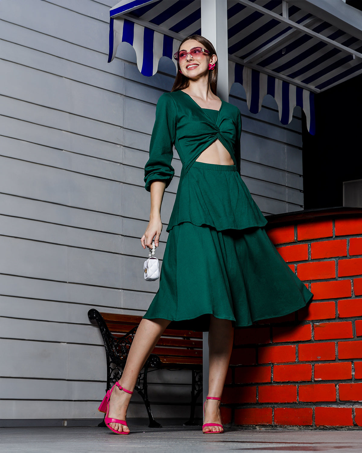 Women's Chic Balloon Sleeve Knee-Length Green Dress with Front Cut-Out and Tie