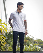 Men's White Polo T-Shirt with 'Positive Mindset Brings Peace' Print on Collar and Sleeves