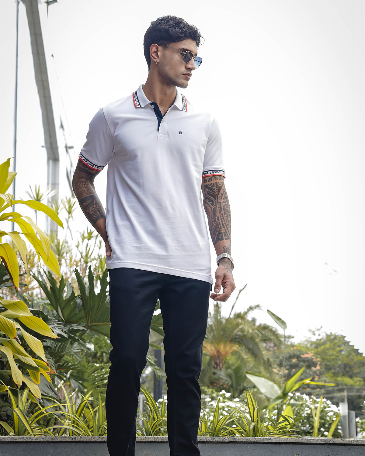 Men's White Polo T-Shirt with 'Positive Mindset Brings Peace' Print on Collar and Sleeves