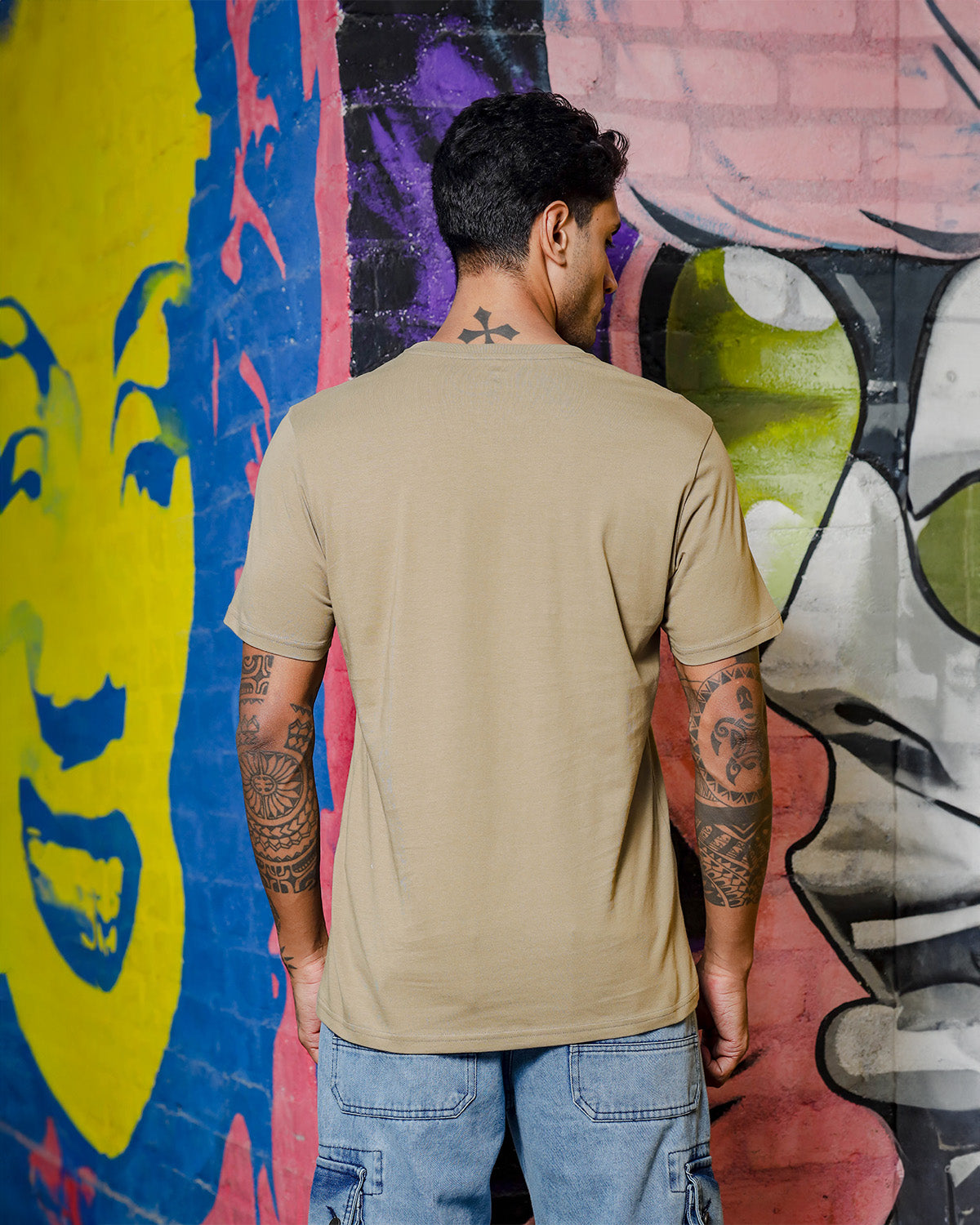 Men's Patrified Oak Colored "Suave" Embroidered Pure Cotton Tshirt