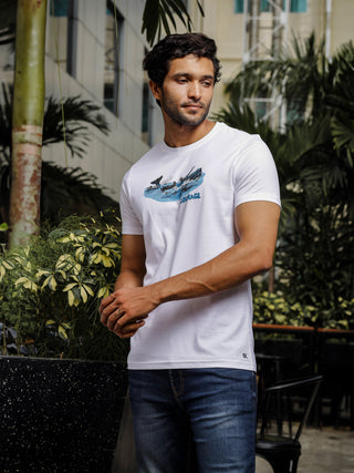 Mens Printed Round Neck White T-Shirt