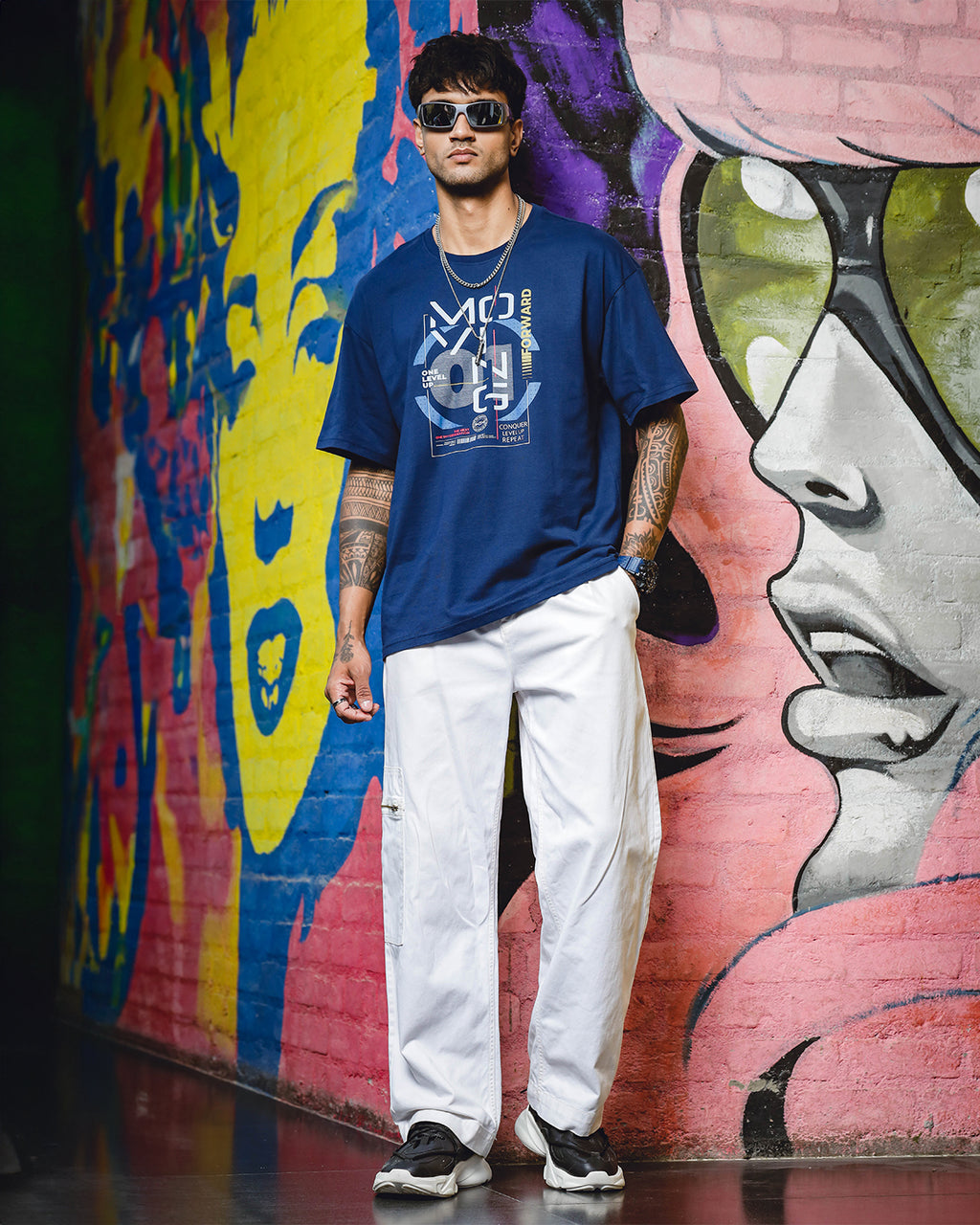 Men's Printed Round Neck Pure Cotton Blue Oversize T-Shirt