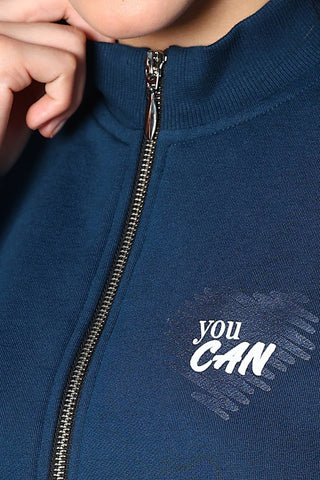 ONE SKY Women's Printed Crop Tracksuit | Cotton Blend Co-ord Set with Zipper Stand Collar Top & Drawstring Pants | Typographic Design & 2 Pockets