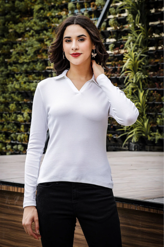 Womens Full Sleeve Polo Neck White Top