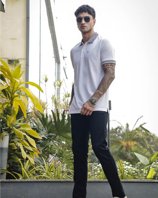 Men's White Pure Cotton Polo T-Shirt with Unique Collar and Sleeves