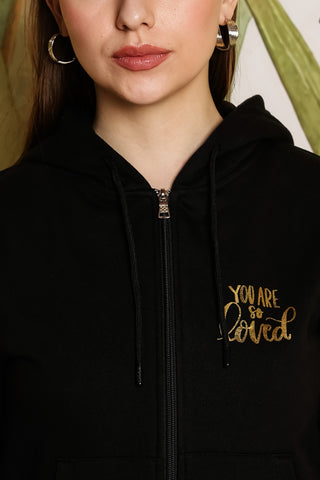 ONE SKY Women's Printed Hooded Tracksuit | Cotton Blend Co-ord Set with Zipper Jacket & Slip-On Pants | Typographic Design & 4 Pockets