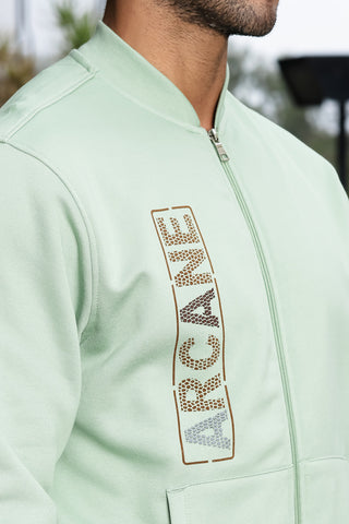 Men’s Typography Printed Tracksuit Set | Stand Collar Zip-Up Jacket & Slip-On Joggers | Cotton Blend | Mid-Rise Flat Front | 4 Pockets | Long Sleeves | Casual Athleisure