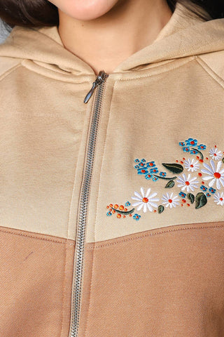 ONE SKY Women's Embroidered Colorblock Tracksuit | Cotton Blend Co-ord Set with Hooded Zipper Top & Drawstring Pants | 4 Pockets